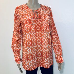 Michael Kors Women's Tunic Blouse Cotton Long Sleeves Orange Medium Size Pockets